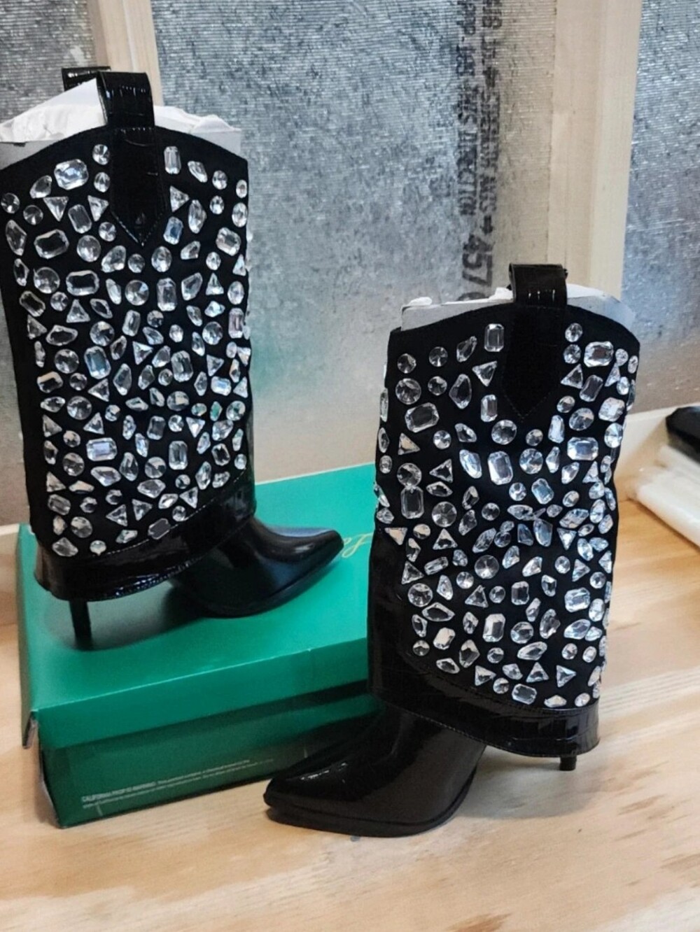 NEW!! Lauren Lorraine Black Jeweled Western Boots- Stylish Statement Heels, NWT